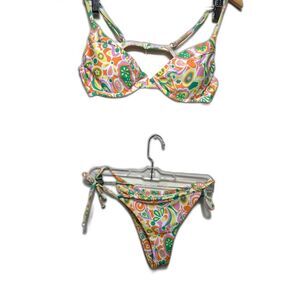 AURELLE Swimsuit Women's Size L/XL Pink Multicolor 60s Groovy Floral Bikini NWT